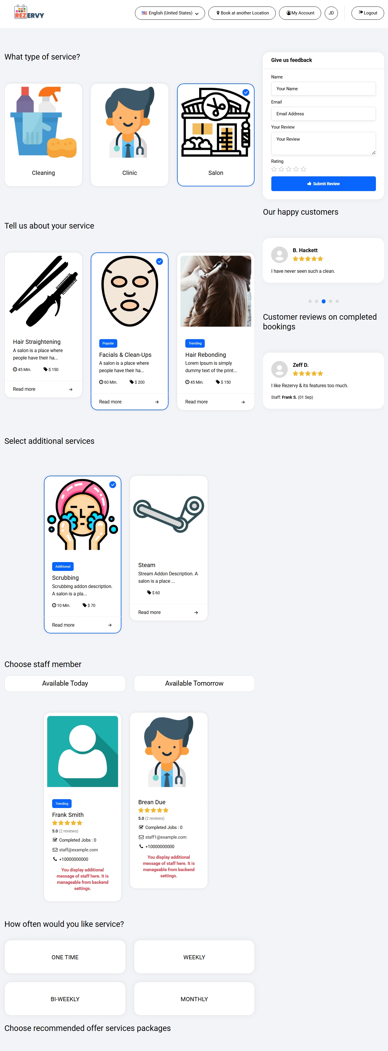 Onepage booking form demo – Rezervy client setup